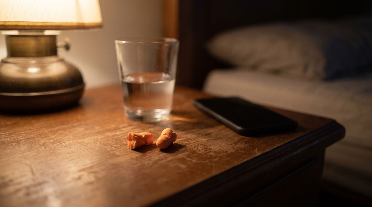 Bouchons en mousse abandonnés sur une table de nuit