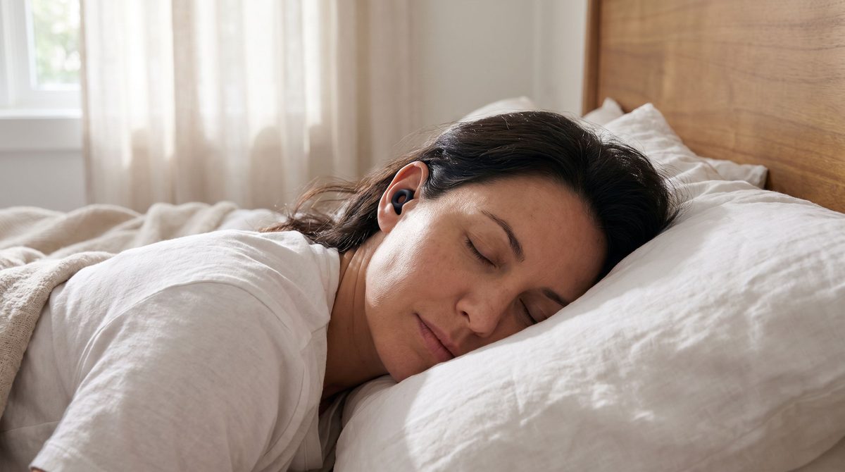 Femme endormie sur le côté avec le Wav Dream dans l’oreille