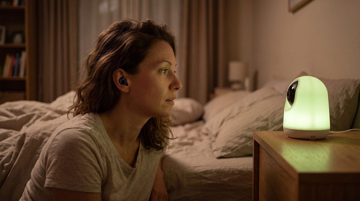 Femme assise dans son lit la nuit, babyphone allumé