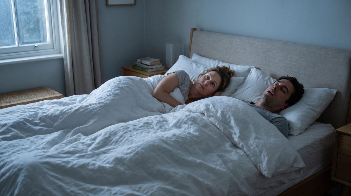Couple au lit la nuit, elle réveillée, lui endormi